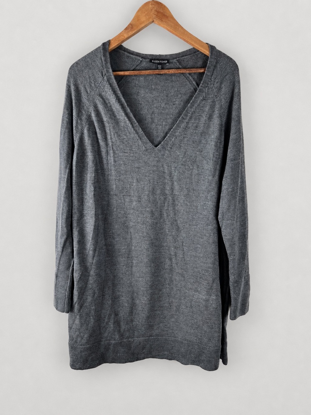 Eileen Fisher Ash Gray Deep V-Neck Tunic Sweater 100% Merino Wool Size XL